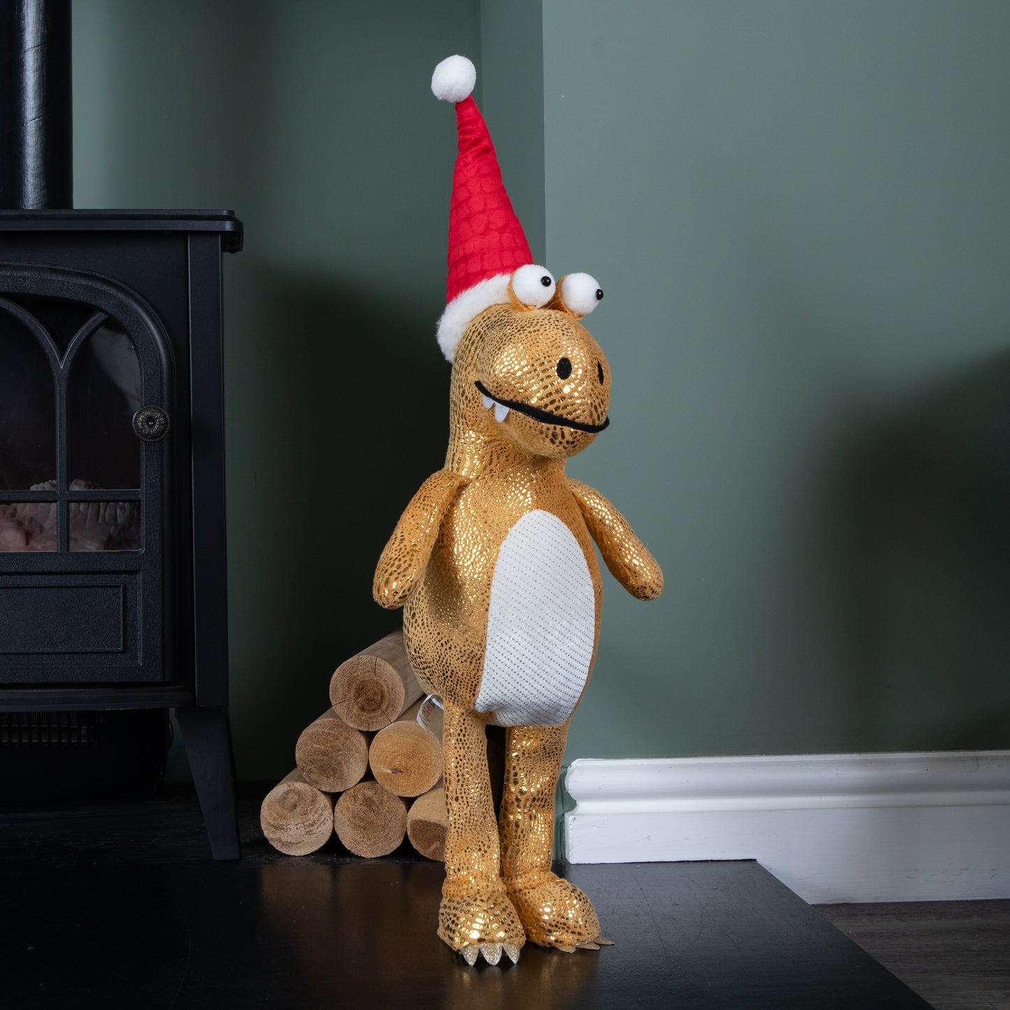 60cm Gold Plush Tyrone-Rex Dino Standing Christmas Decoration with Santa Hat