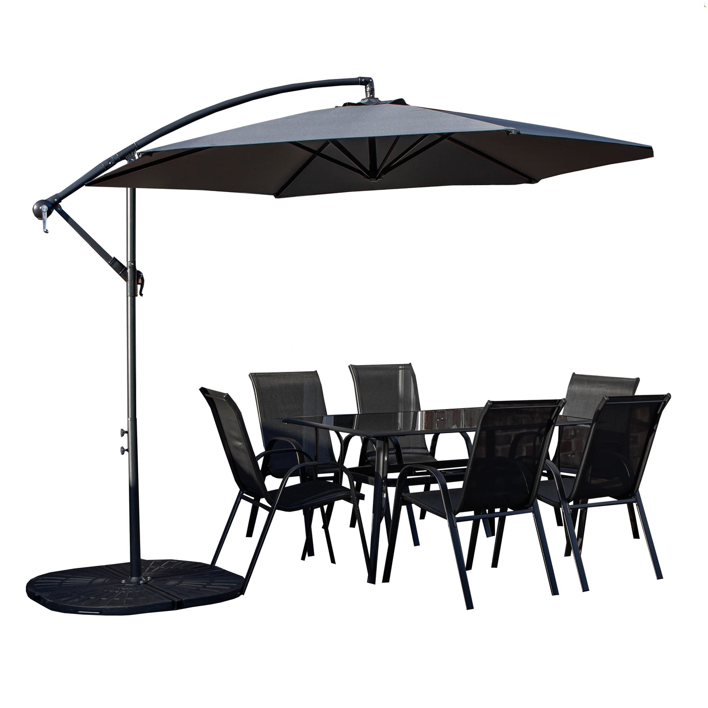 Outdoor 6 Person Rectangular Glass Top Garden Dining Table Chairs With Grey Banana Parasol and Base