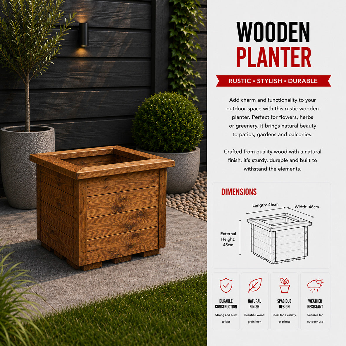 46cm x 46cm Large Rustic Chunky Wooden Garden Square Planter