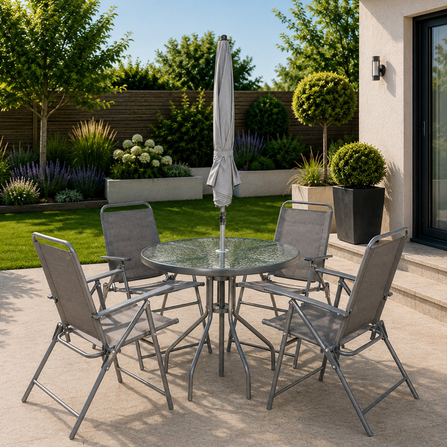 Samuel Alexander Outdoor 4 Seater Round Glass Top Table and Chairs Patio Set with Parasol in Grey