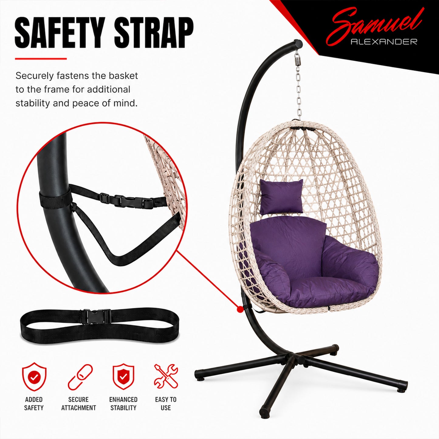 Samuel Alexander Hanging Garden Rattan Egg Chair with Steel Frame and Waterproof Cover in Indigo