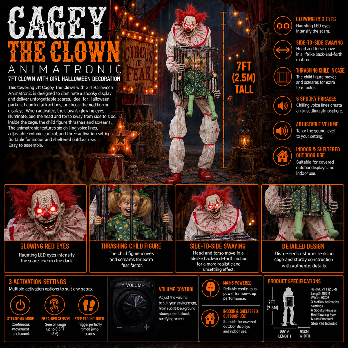 7ft Tall Giant Cagey The Clown with Girl Halloween Animatronic Decoration