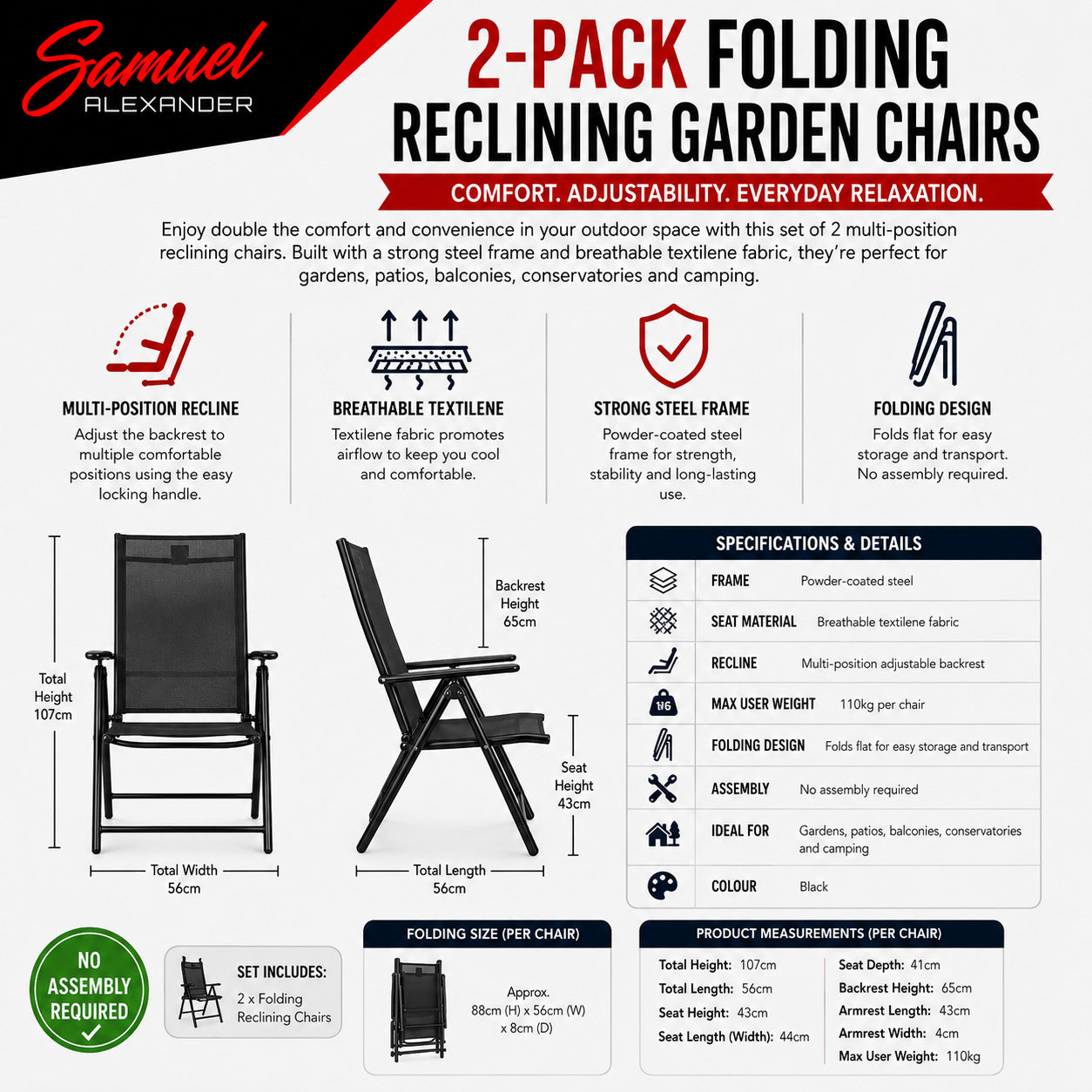 2 x Multi Position High Back Reclining Garden / Outdoor Folding Chair in Black