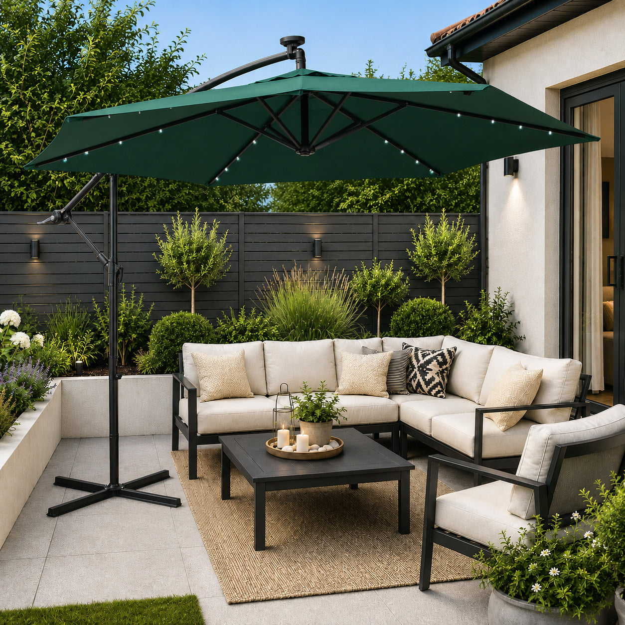 Samuel Alexander 3m Solar Powered Cantilever Lit Banana Garden Parasol with Crank Handle & White LED Lights in Green