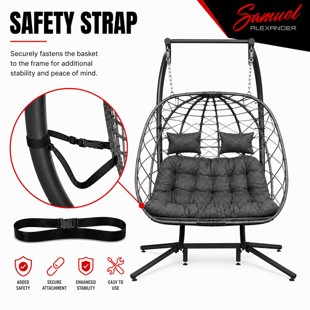 Samuel Alexander 2 Seater Hanging Garden Rattan Egg Chair with Steel Frame and Waterproof Cover in Grey