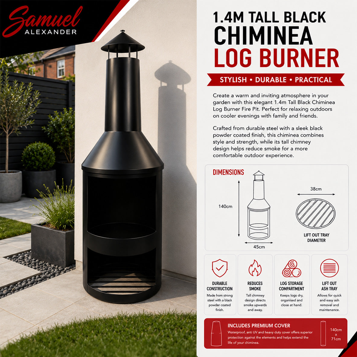 1.4m Tall Outdoor Garden Patio Chiminea Log Burner Fire Pit with Log Store & Cover