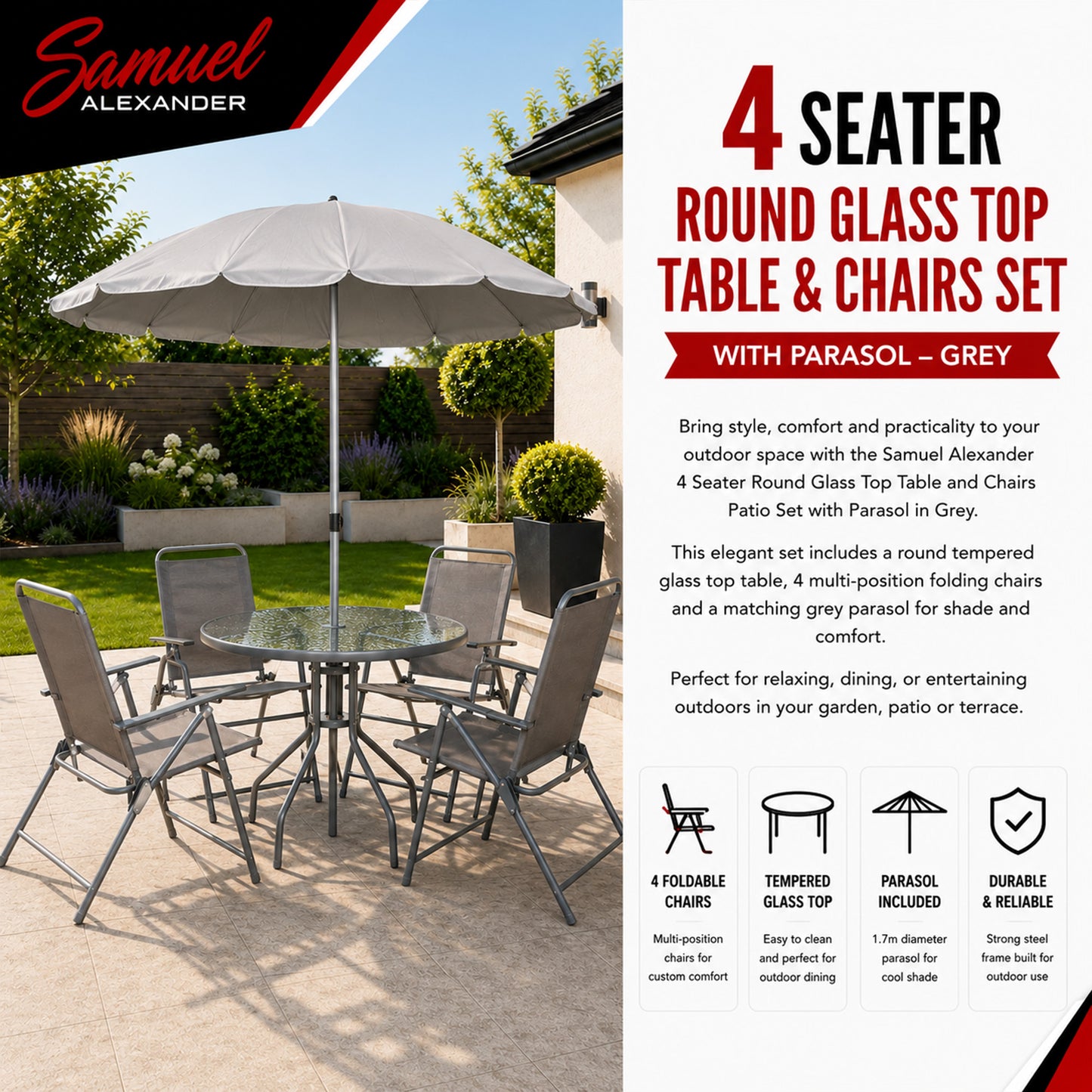 Samuel Alexander Outdoor 4 Seater Round Glass Top Table and Chairs Patio Set with Parasol in Grey
