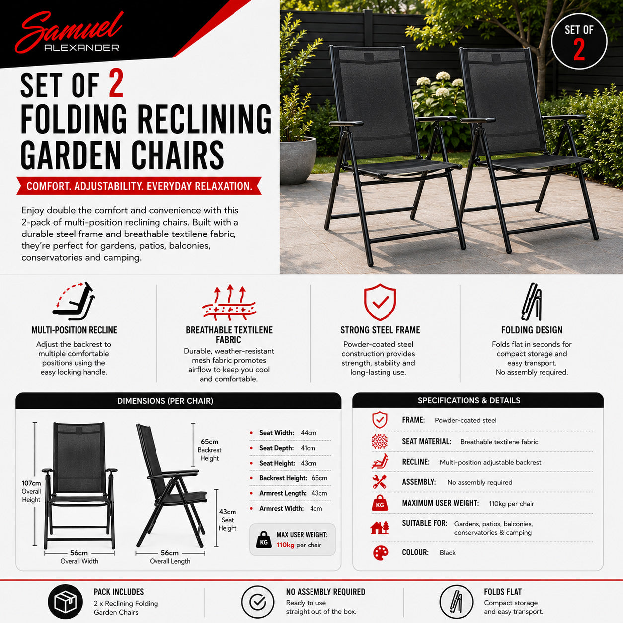 2 x Multi Position High Back Reclining Garden / Outdoor Folding Chair in Black