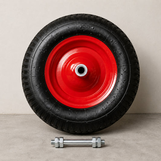 Replacement 15" x 4" Pneumatic Heavy Duty Garden Wheelbarrow Wheel & Axel In Red