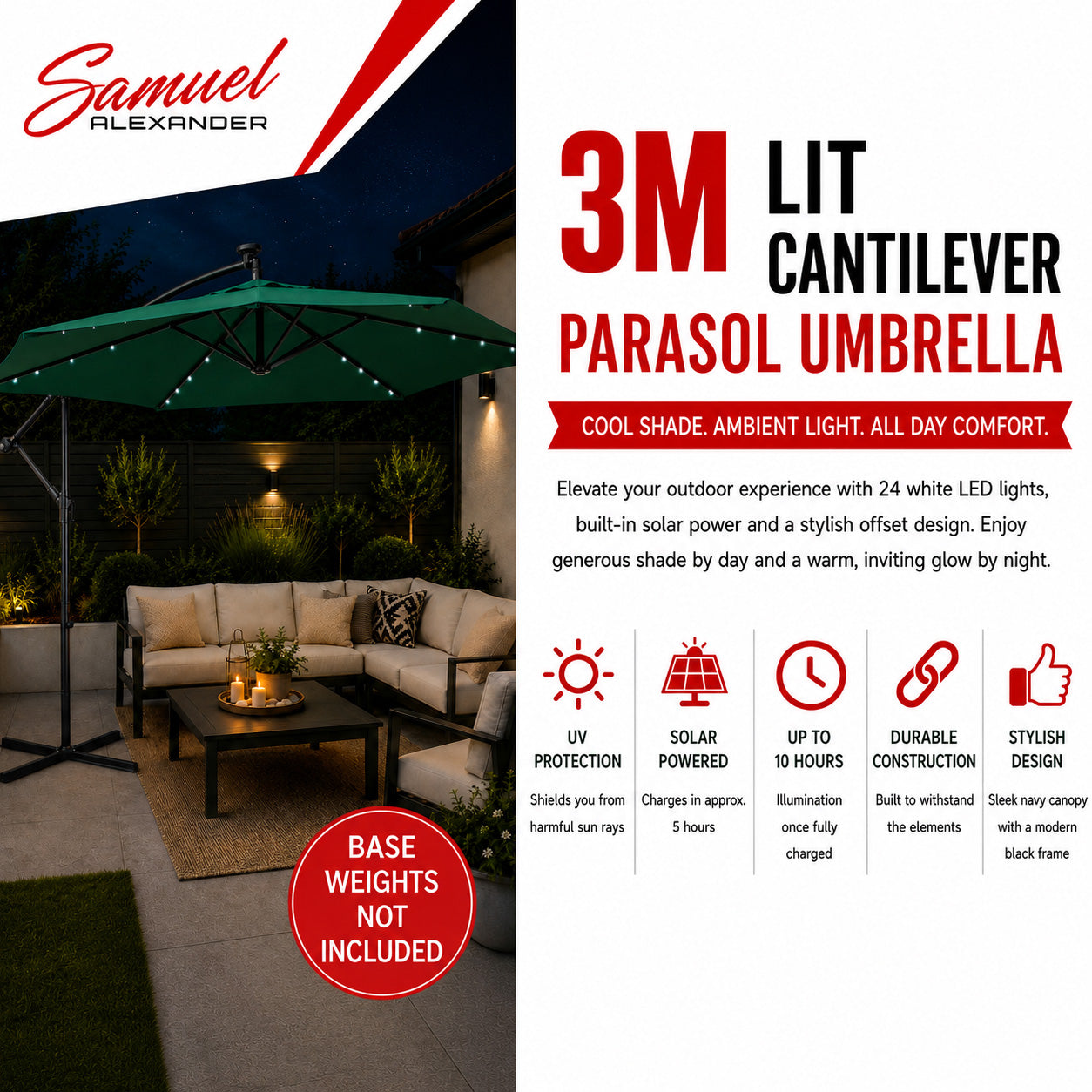 Samuel Alexander 3m Solar Powered Cantilever Lit Banana Garden Parasol with Crank Handle & White LED Lights in Green