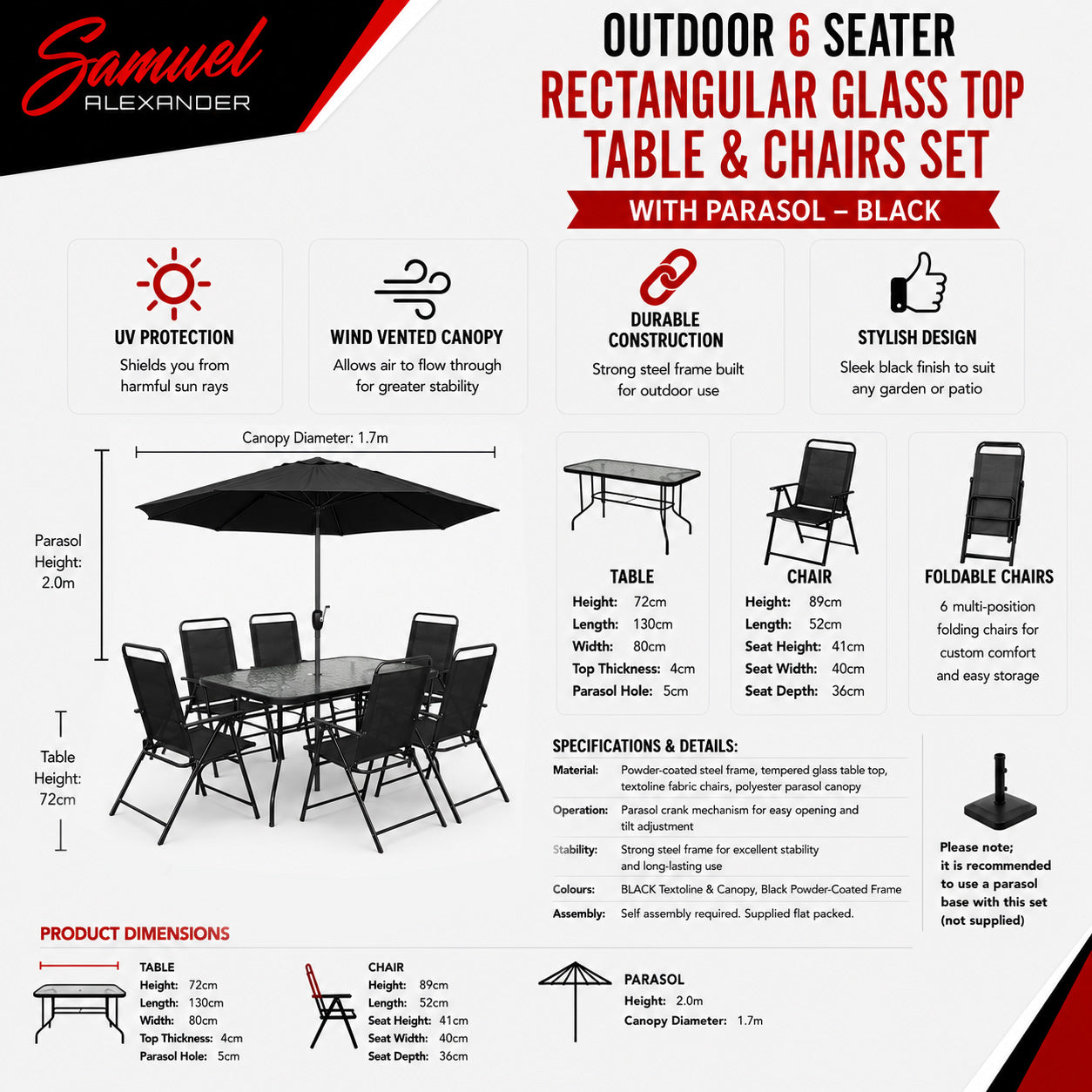 Samuel Alexander Outdoor 6 Seater Glass Top Table and Chairs Patio Set with Parasol in Black