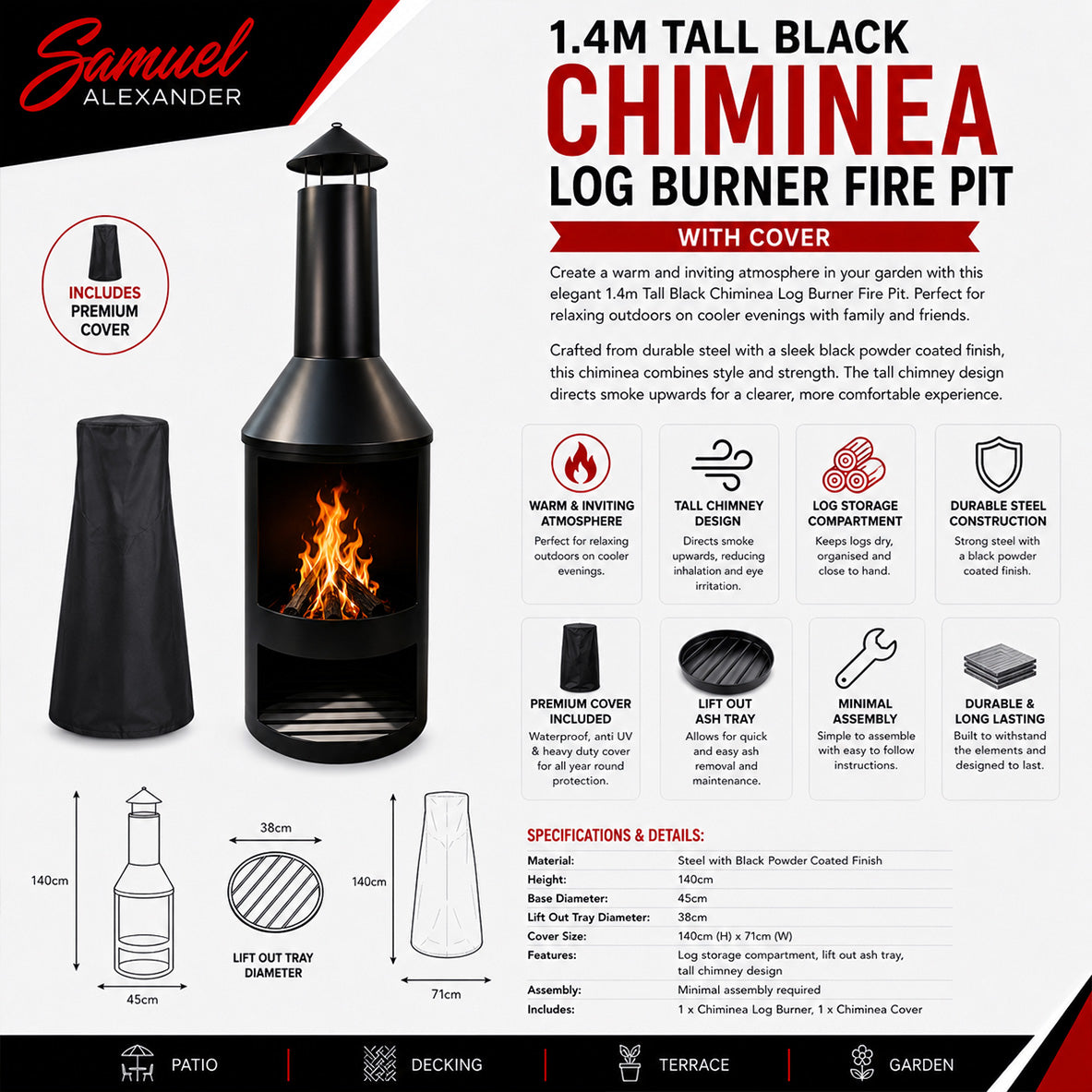 1.4m Tall Outdoor Garden Patio Chiminea Log Burner Fire Pit with Log Store & Cover