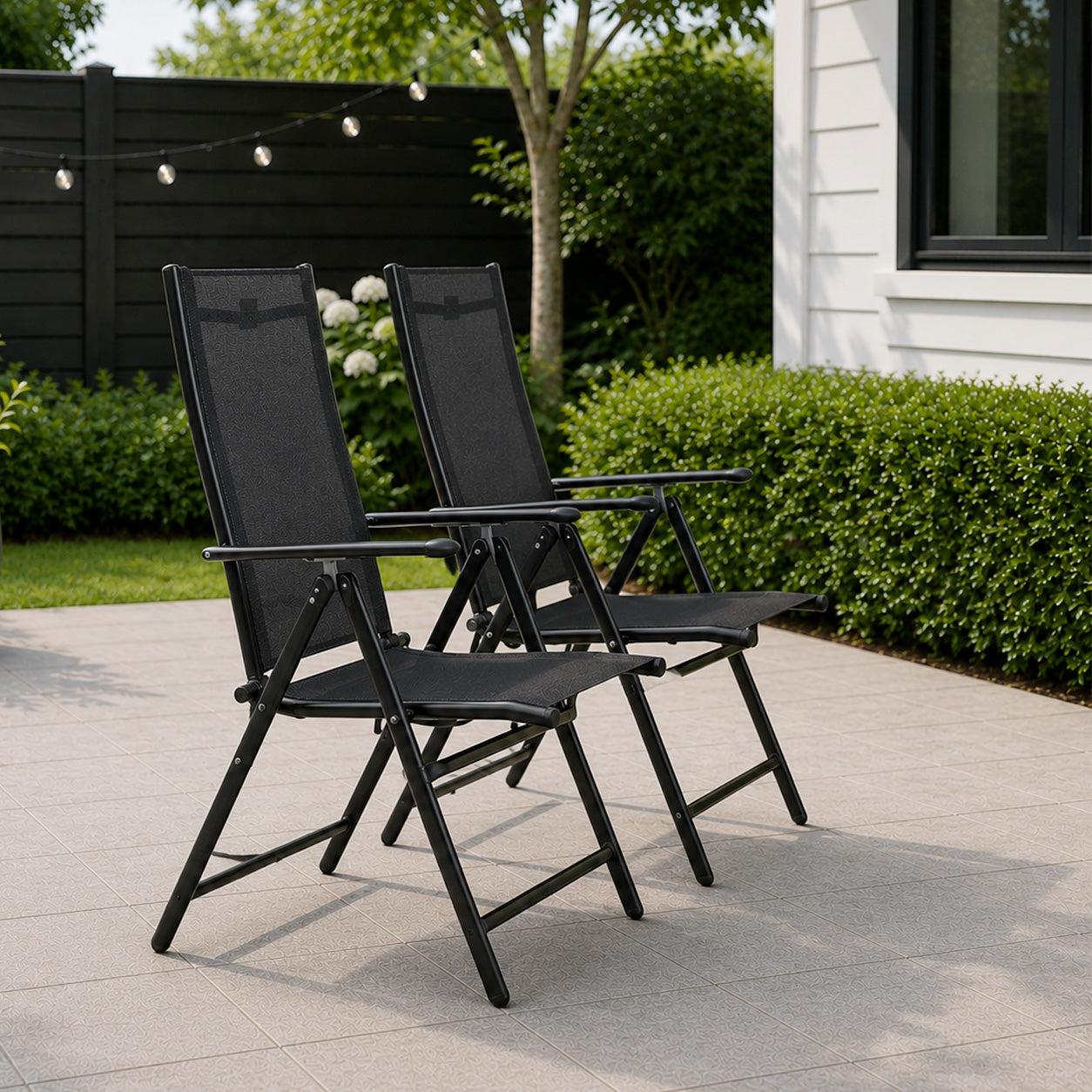 2 x Multi Position High Back Reclining Garden / Outdoor Folding Chair in Black