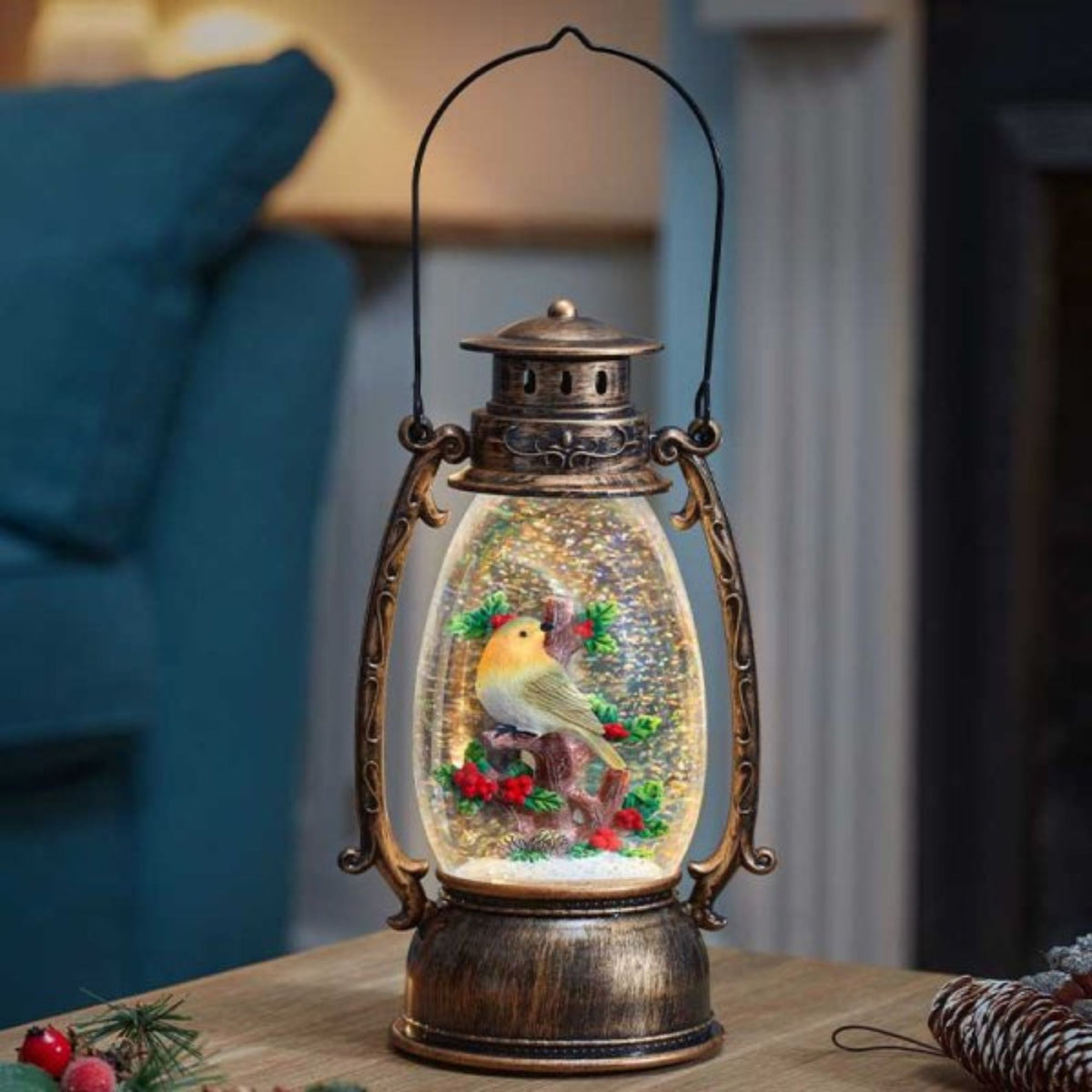 33cm Battery Operated Festive Robin Snow Swirling Christmas Lantern