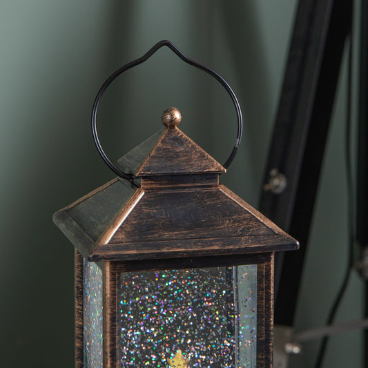 28cm LED Christmas Glitter Water Spinner Antique Lantern Snowy Gonk Scene