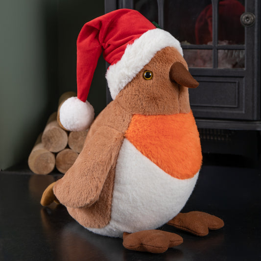 40cm Large Plush Christmas Robin Decoration with Santa Hat