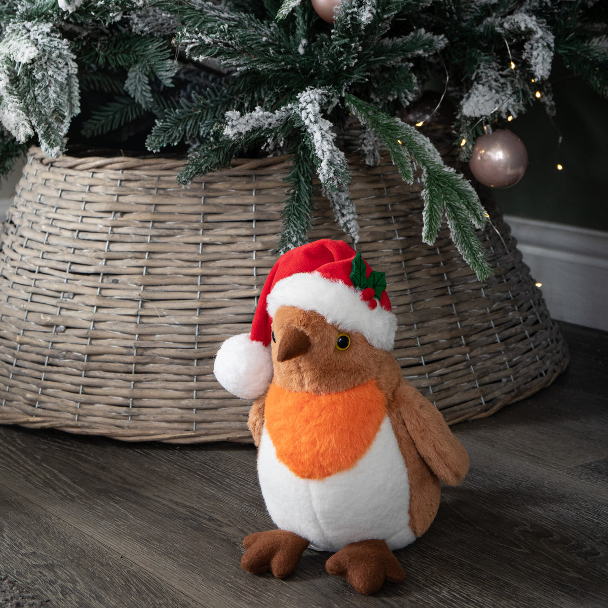 23cm Plush Christmas Robin Decoration with Santa Hat