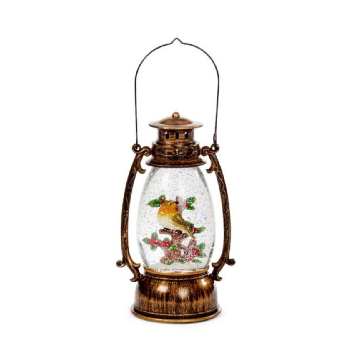 33cm Battery Operated Festive Robin Snow Swirling Christmas Lantern