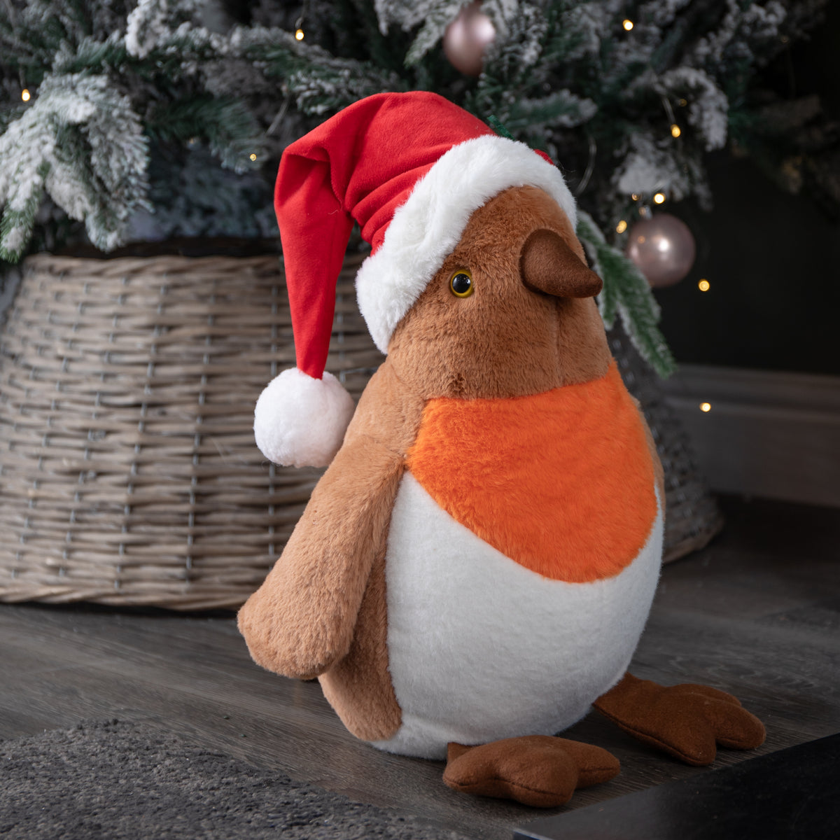 40cm Large Plush Christmas Robin Decoration with Santa Hat