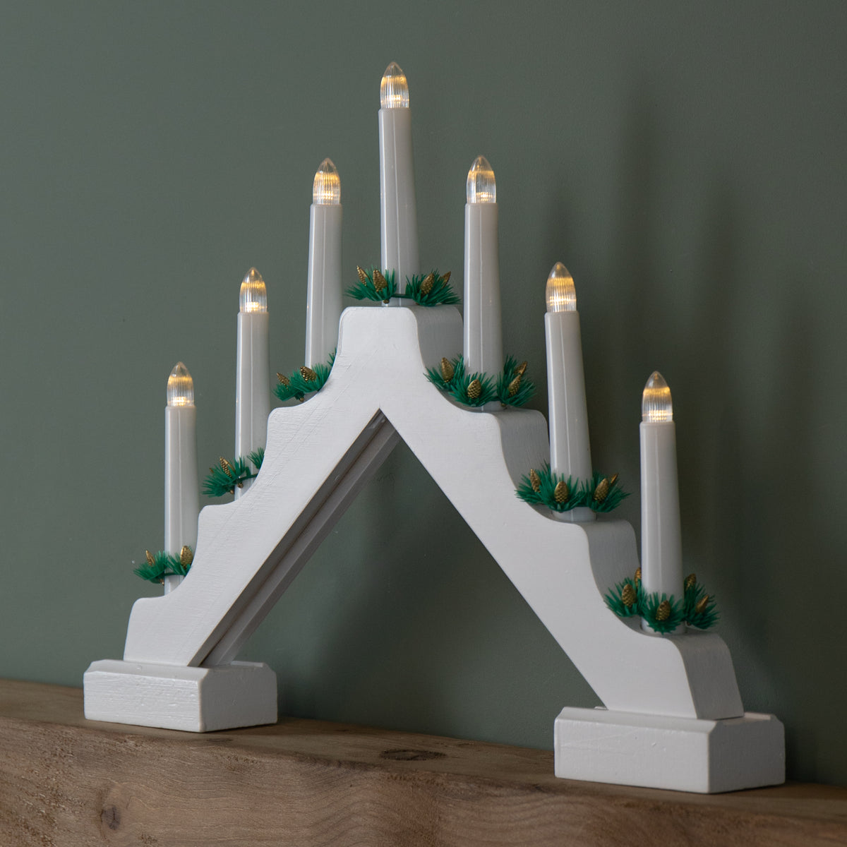 41cm Battery Operated Light up White Christmas Candle Bridge with 7 Warm White LEDs