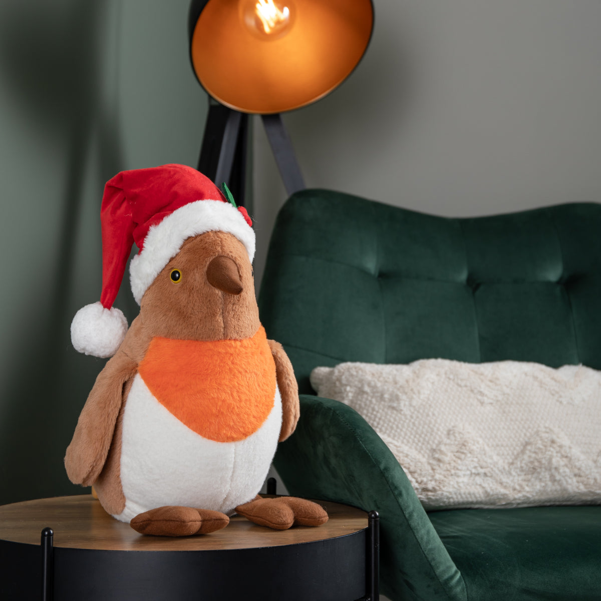 40cm Large Plush Christmas Robin Decoration with Santa Hat