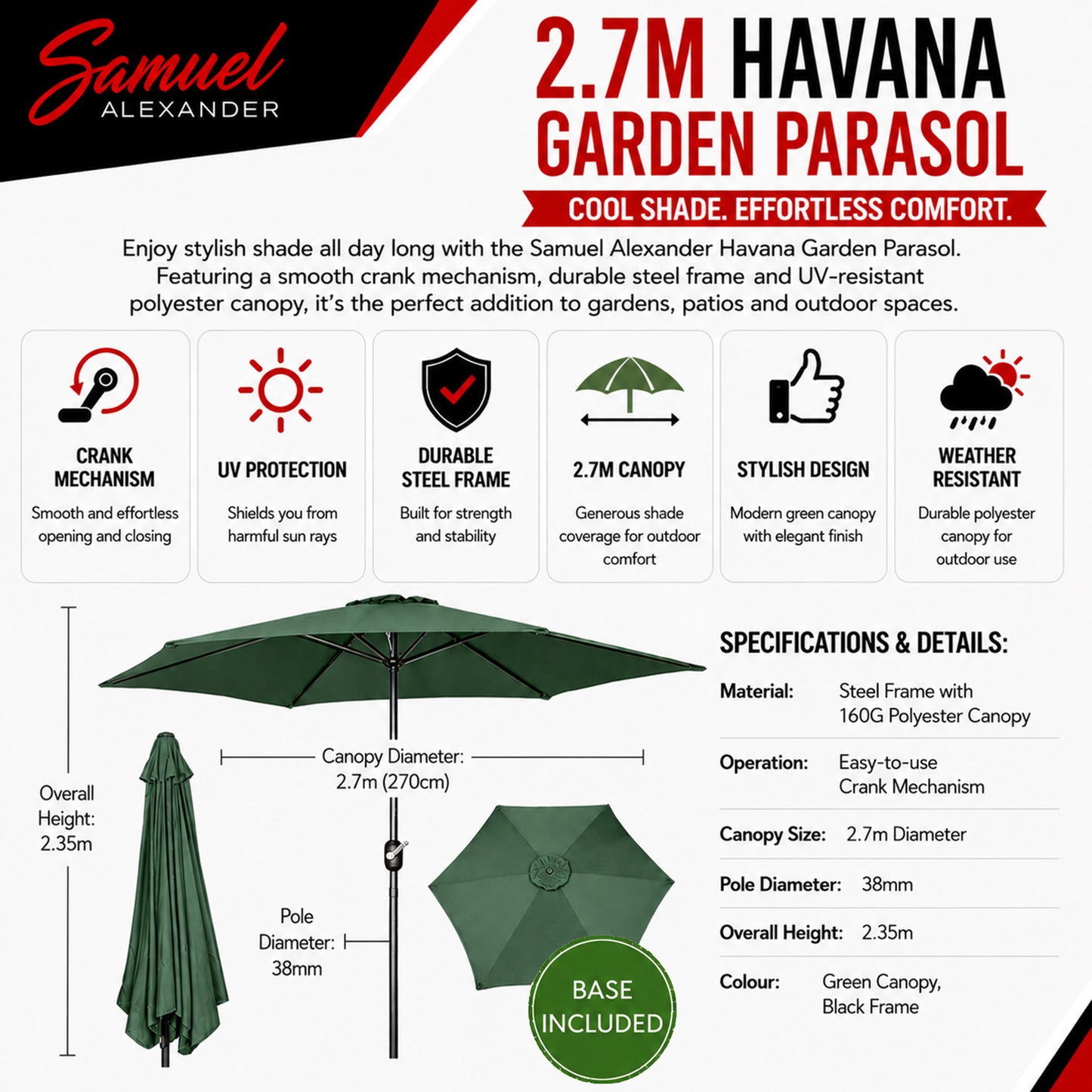 Choice of Colour Samuel Alexander 2.7m Havana Parasol with Crank Handle with 9kg Base Included