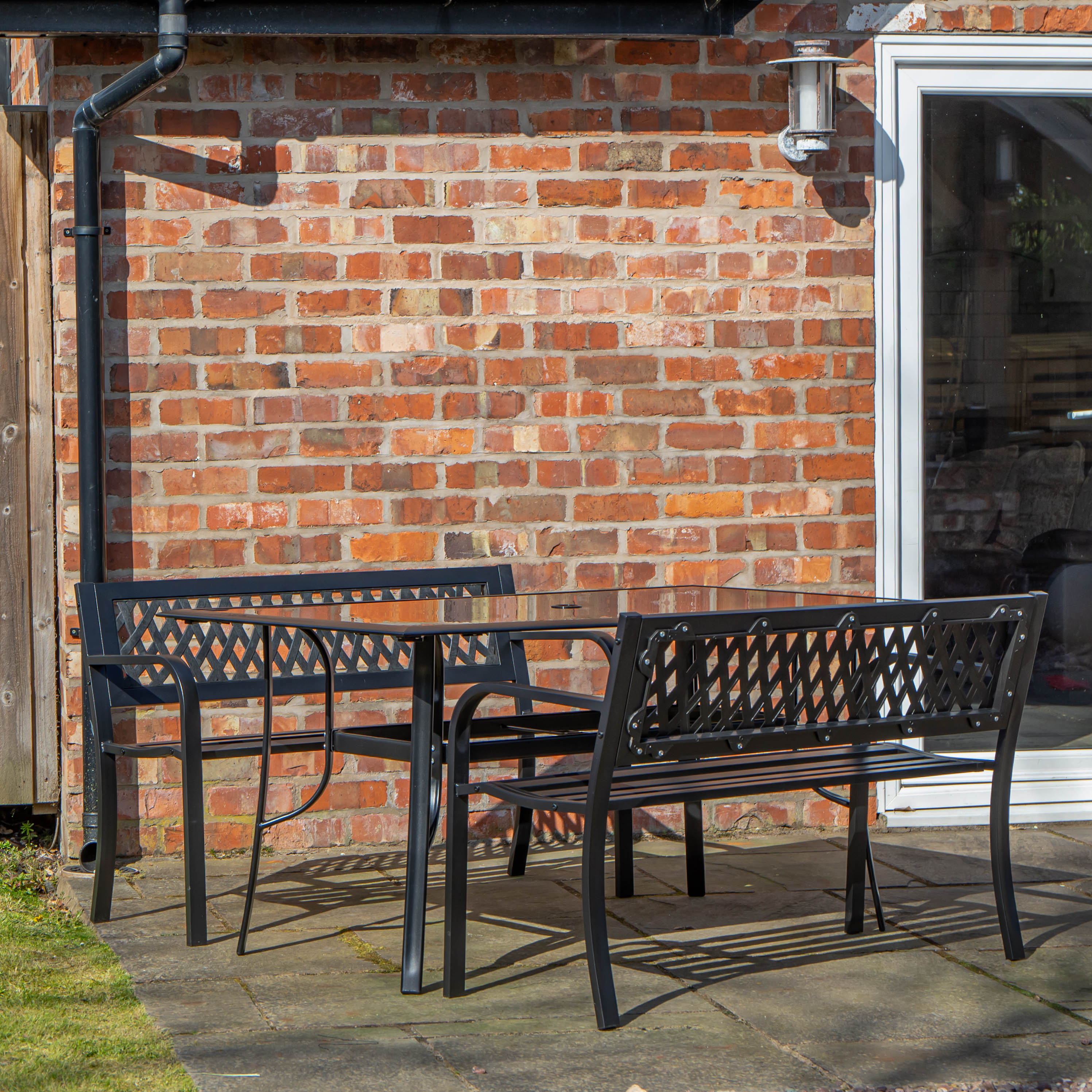 Outdoor 4 Person Rectangular Glass Top Garden Dining Table and 2 Benches Set
