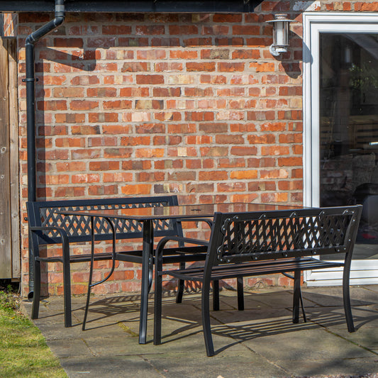 Outdoor 4 Person Rectangular Glass Top Garden Dining Table and 2 Benches Set