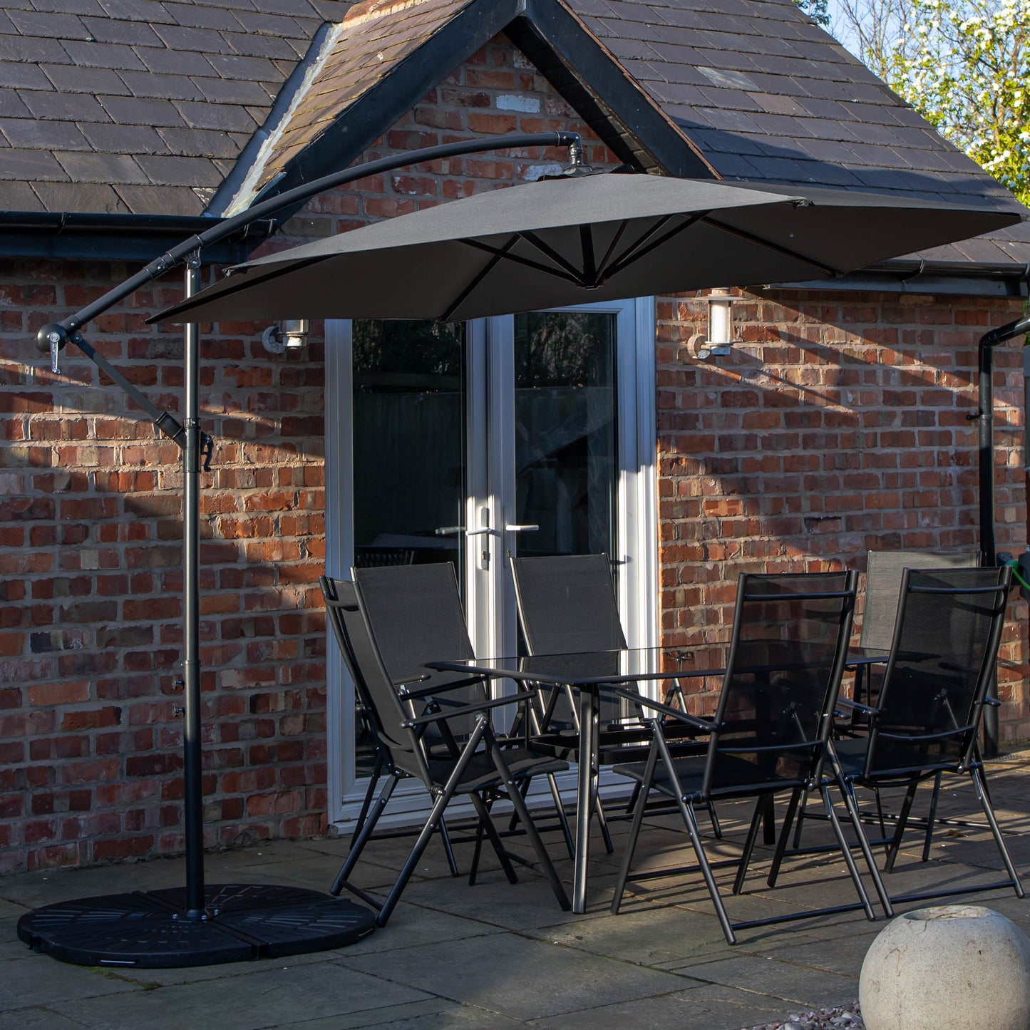 Outdoor 6 Person Rectangular Glass Top Garden Dining Table Chairs With Grey Banana Parasol and Base