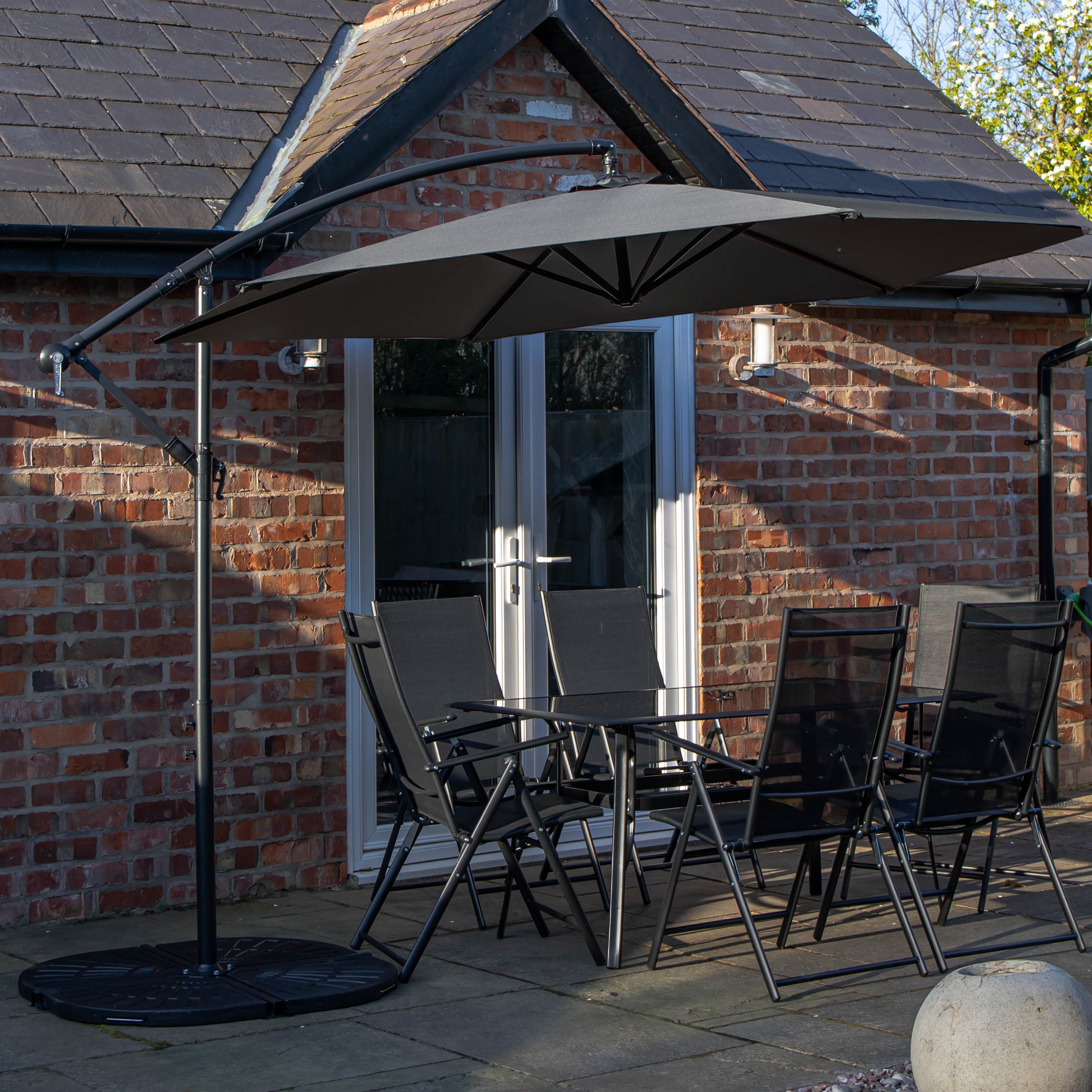 Outdoor 6 Person Rectangular Glass Top Garden Dining Table Chairs With Grey Banana Parasol and Base