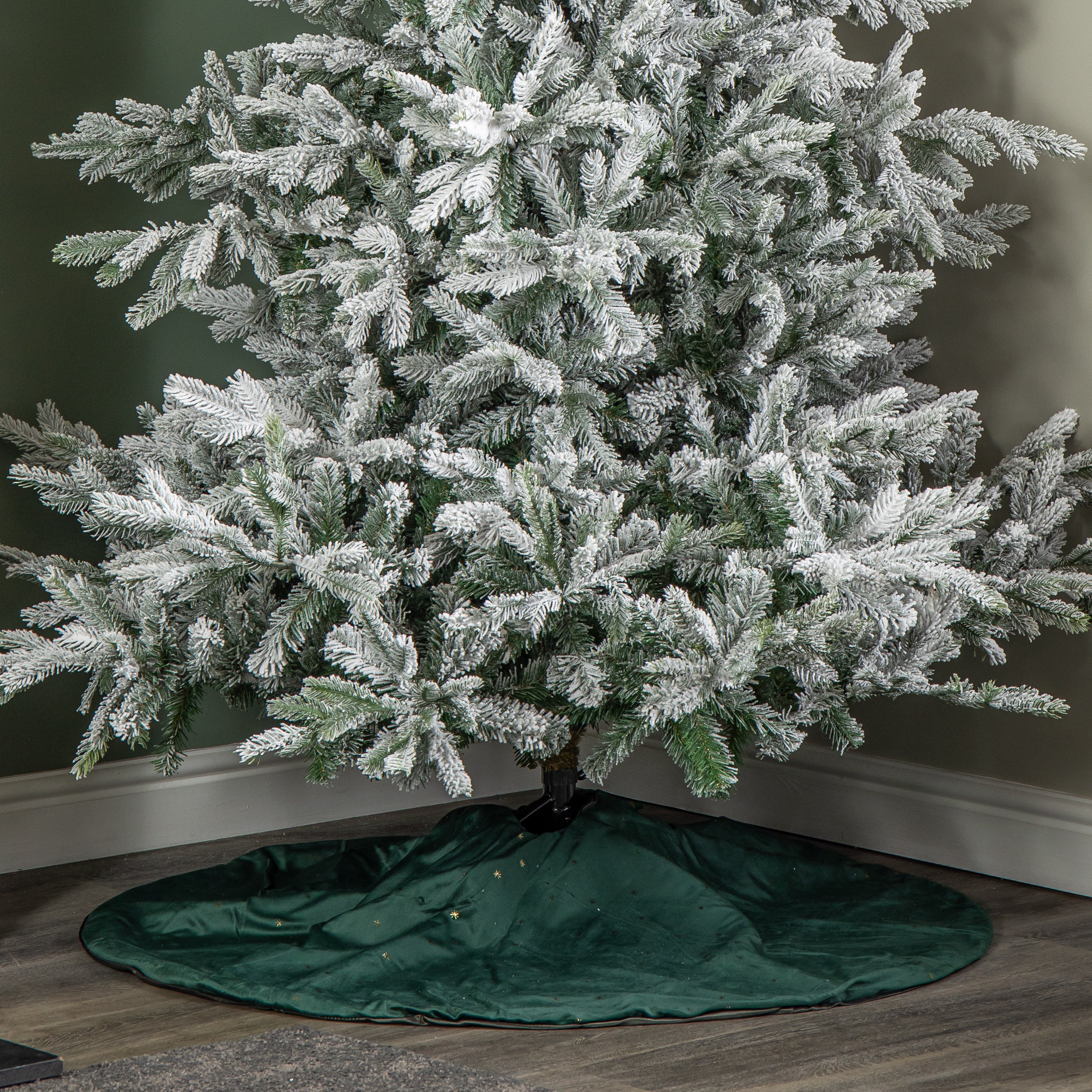 1.2m Soft Dark Green Velour Christmas Tree Skirt with Gold Star Print