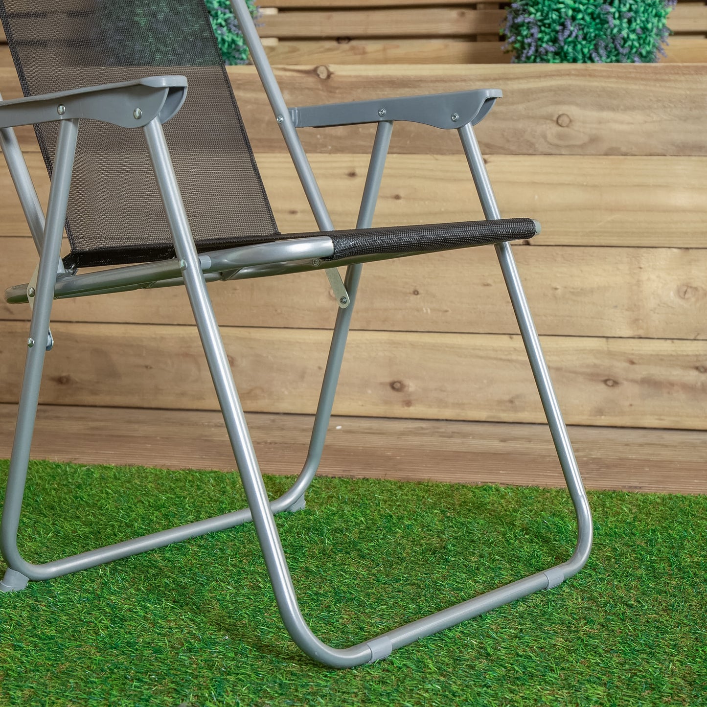 2 x Foldable Garden Chairs Fixed position garden chairs with grey frame and black fabric