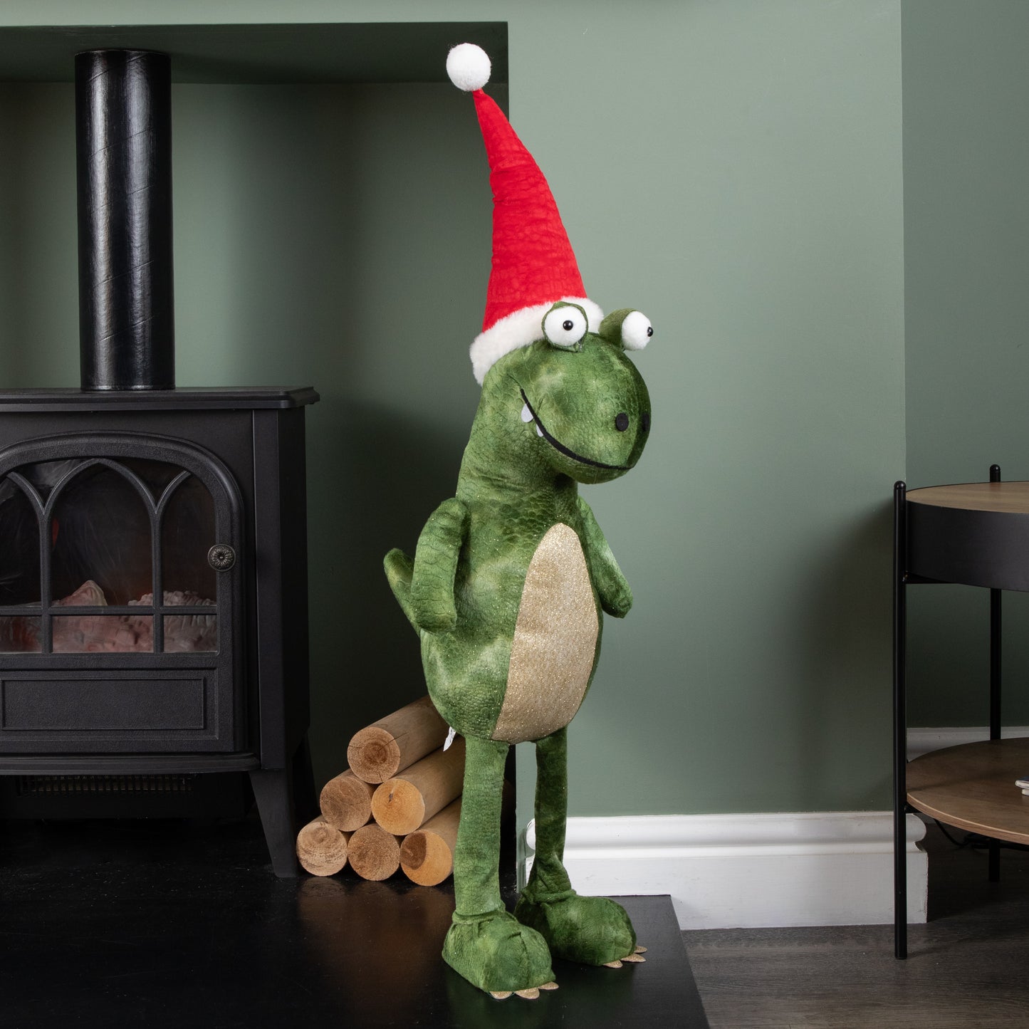 85cm Tall Green Plush Big Lizard Dino Standing Christmas Decoration with Santa Hat