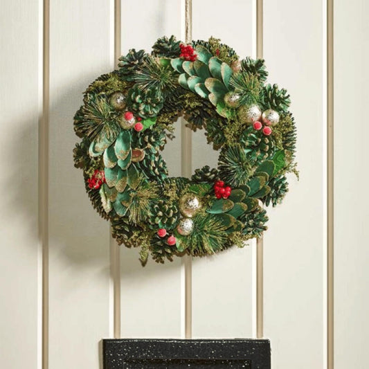30cm Bauble and Pinecone Hanging Christmas Wreath with Red Berries