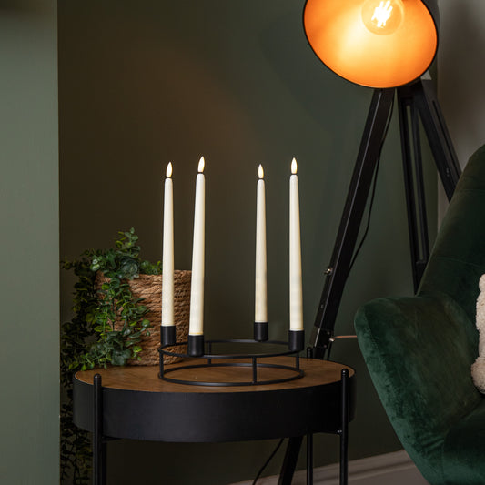 34cm Black Metal Candle Ring Holder with 4 Battery Powered LED Taper Candles