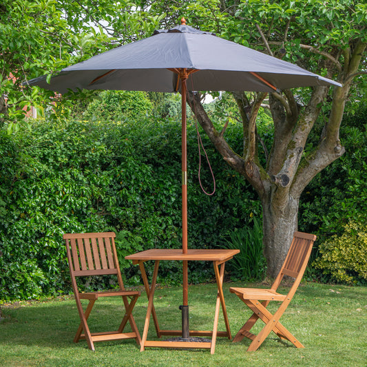 Outdoor 2 Person Folding Wooden Garden Dining Table Chairs Grey Parasol and Base Set