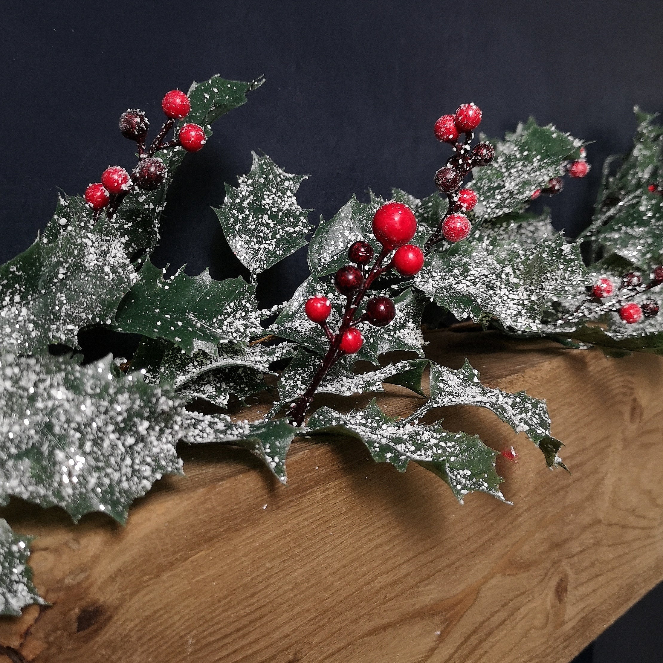 1.8m Frosted Green Holly Leaf & Berry Glitter Garland Christmas Decoration