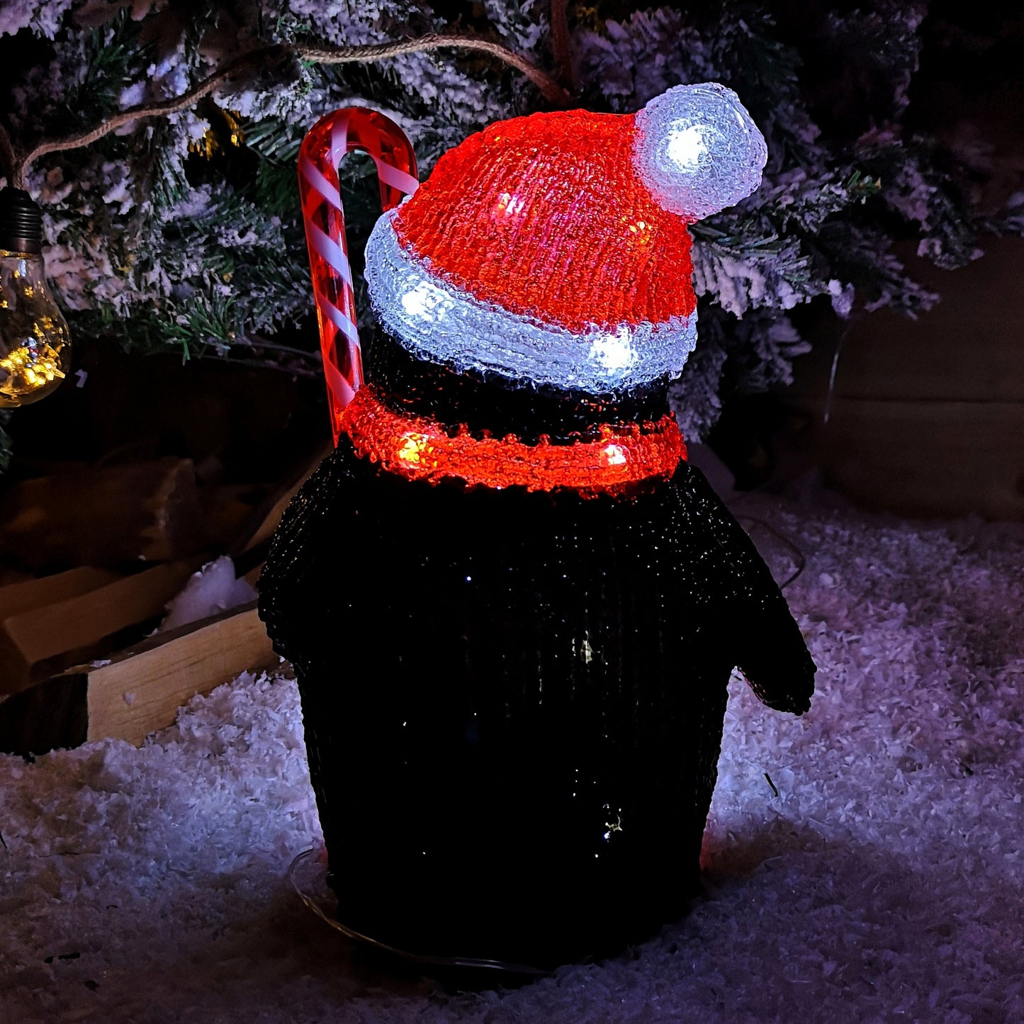 30cm LED Soft Acrylic Penguin with Candy Cane Christmas Decoration