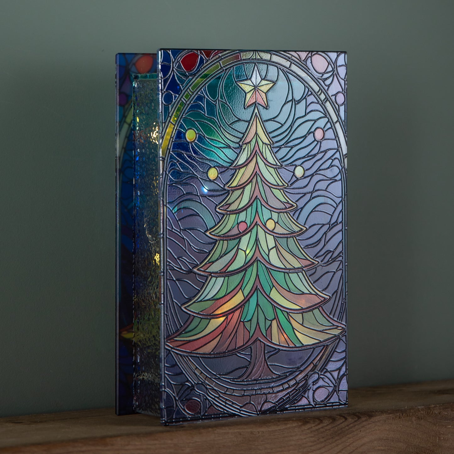 21cm Battery Operated Double Sided Stained Glass Christmas Tree Decoration with LEDs