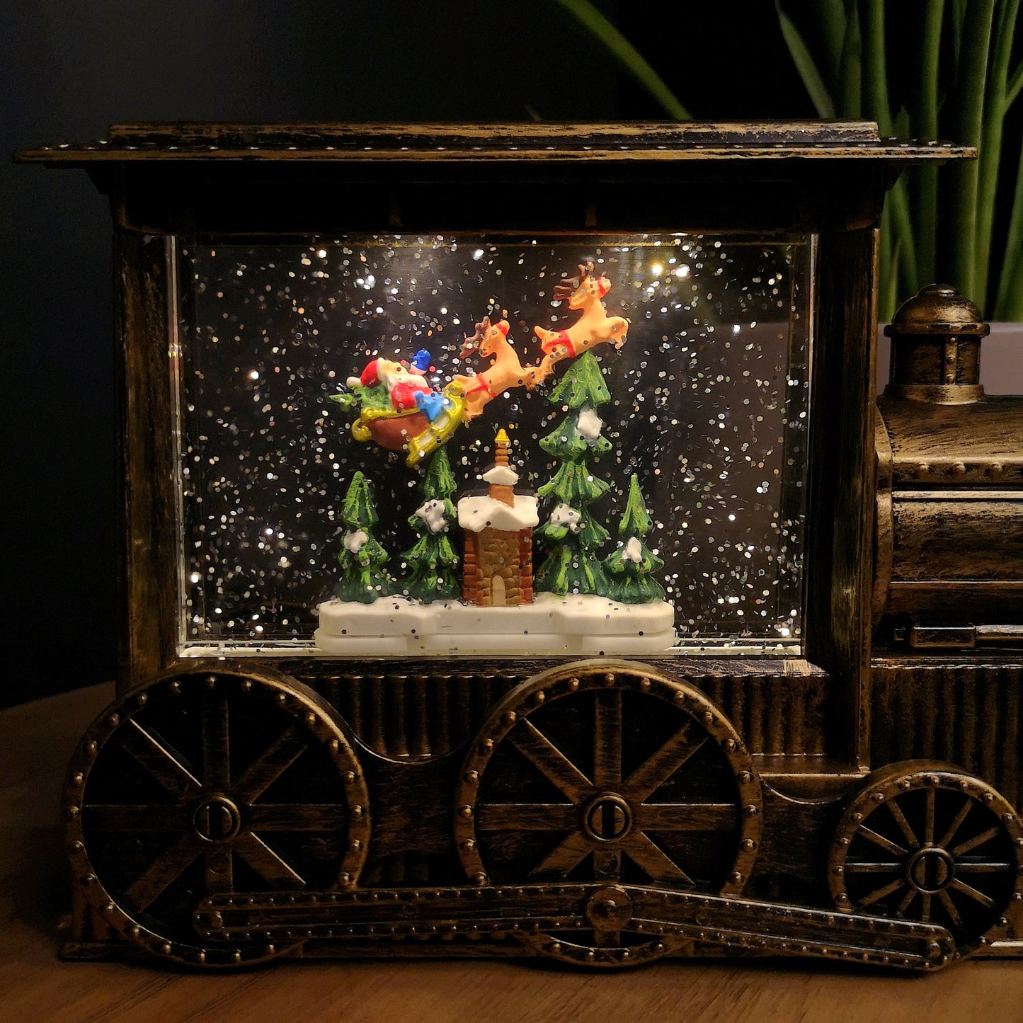 29cm Dual Powered Light up Gold Christmas Train Water Spinner with Santa Scene