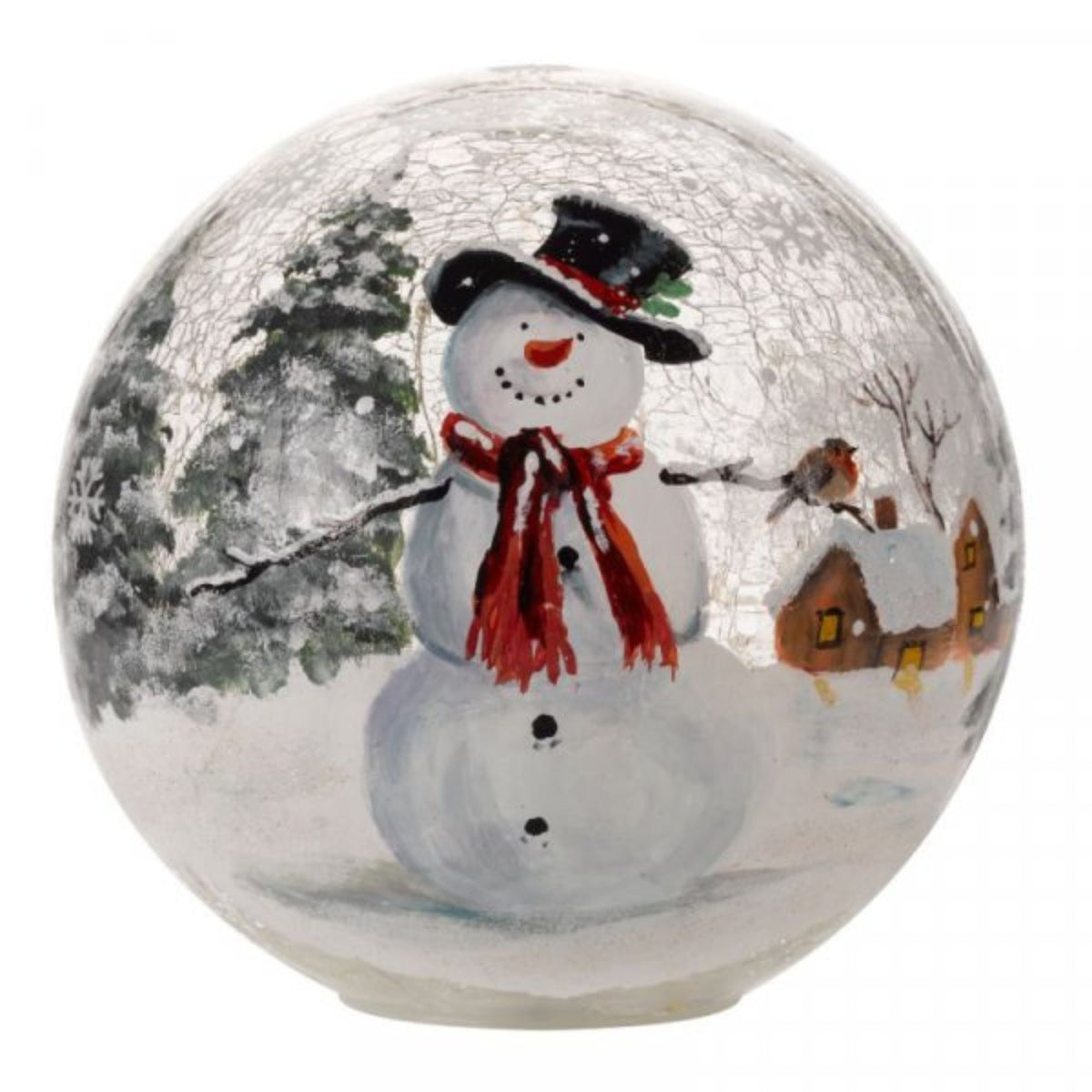 20cm Battery Operated Warm White LED Crackle Effect Ball Christmas Decoration with Snowman