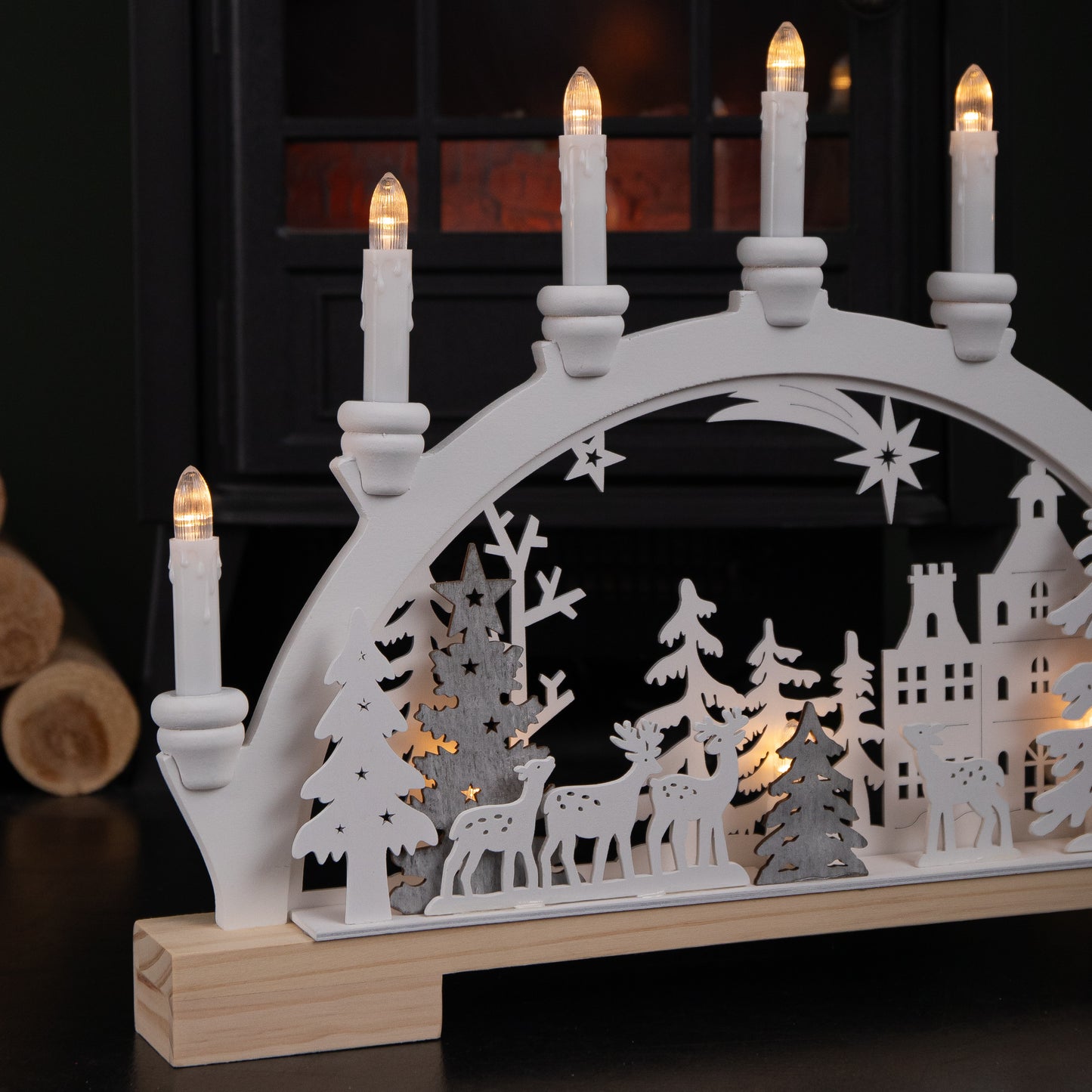 45cm Battery Operated Wooden Christmas Candle Bridge with Reindeer Scene & LEDs