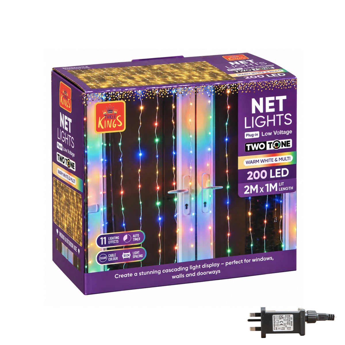 1m x 2m TwoTone Warm White & Multi-Coloured Curtain Net with 200 LEDs