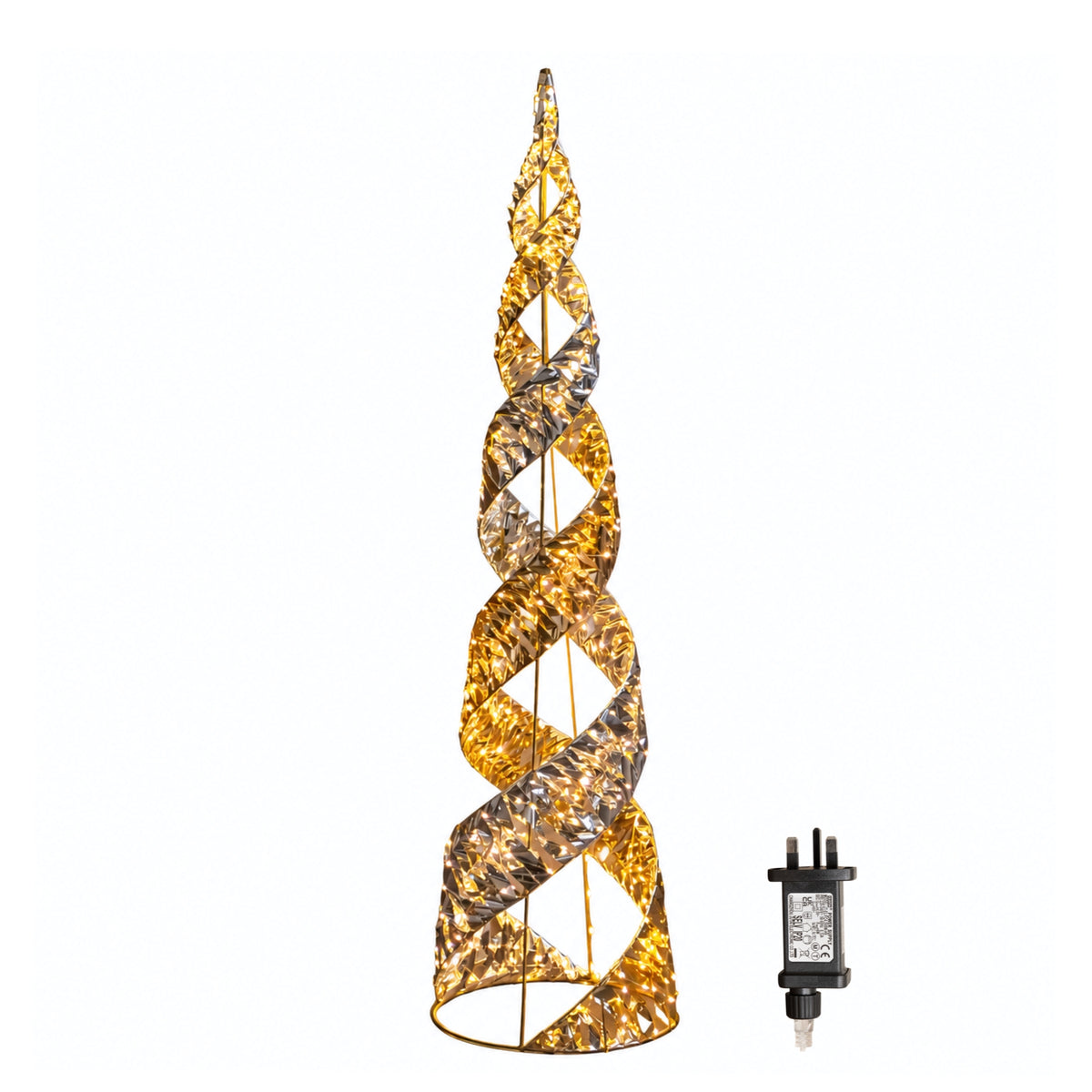 120cm Silver & Gold Helix Christmas Cone Tree with Warm White LEDs