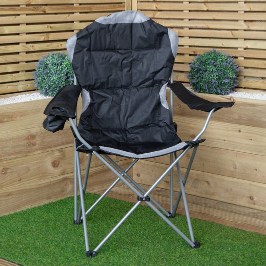 Luxury Padded High Back Outdoor Folding Chair with Cupholder in Black