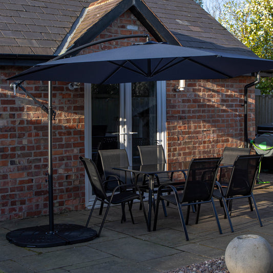 Outdoor 6 Person Rectangular Glass Top Garden Dining Table Chairs With Blue Banana Parasol and Base