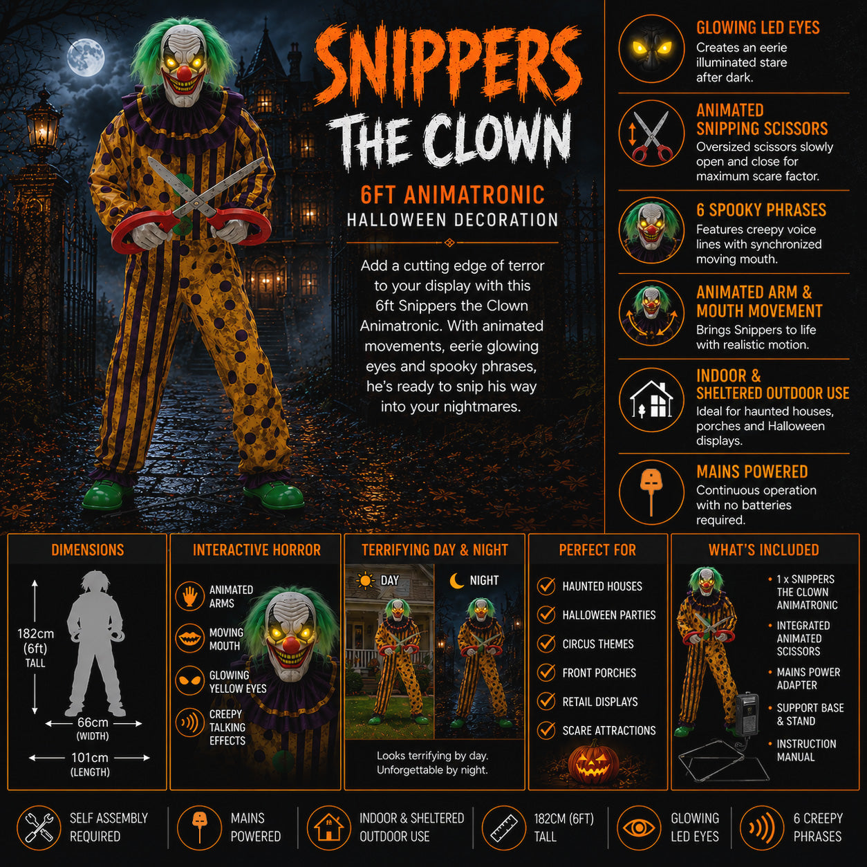 6ft Tall Animated Snippers The Clown Halloween Prop Decoration with LED Eyes