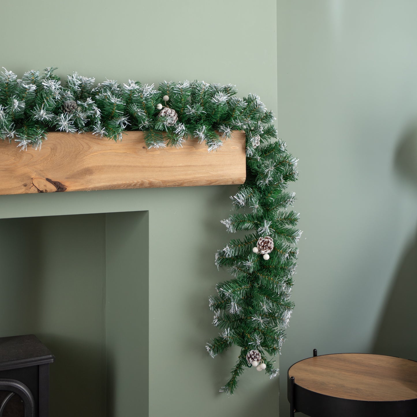 2.7m (9ft) Green Snow Tipped Christmas Garland with White Berries and Pine Cones