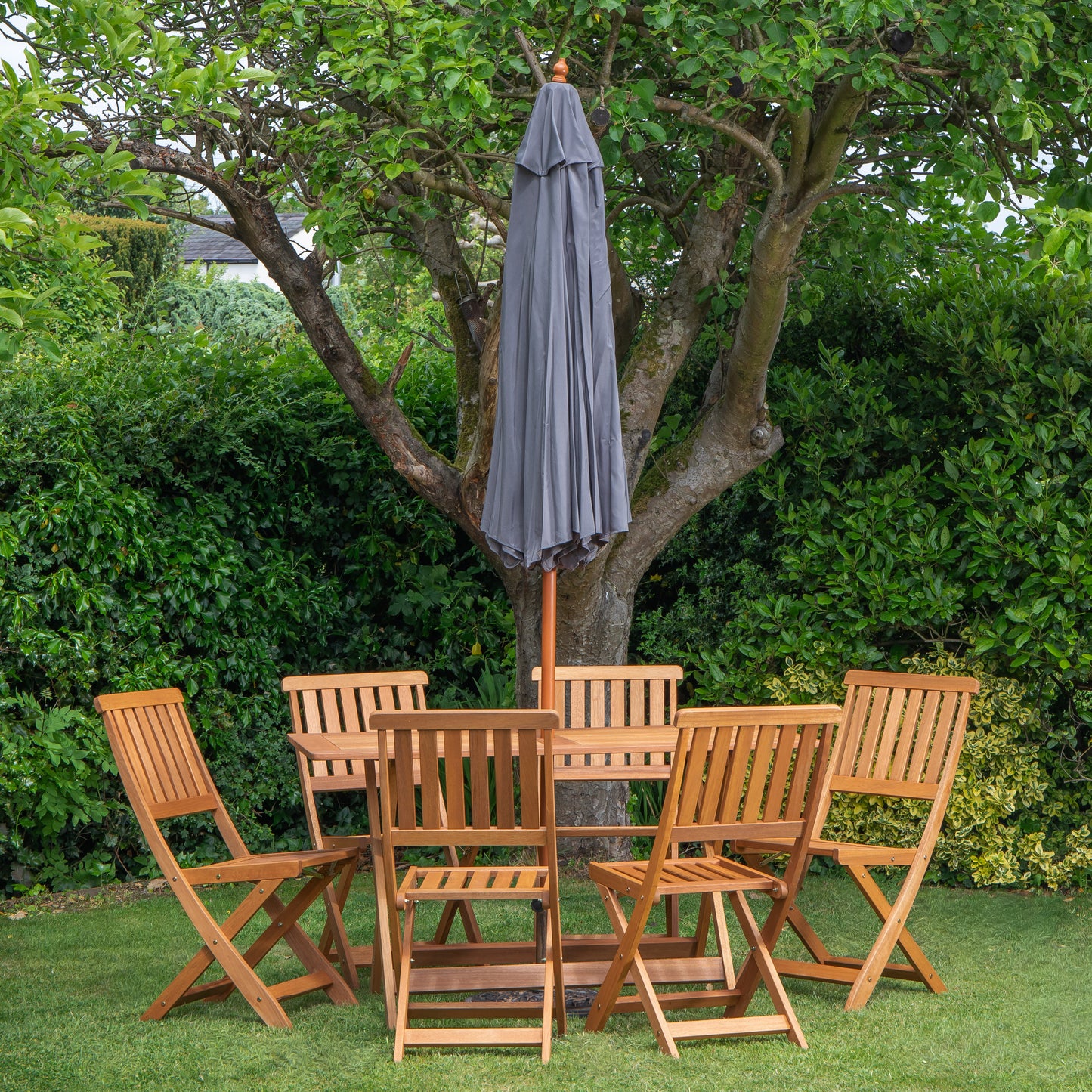 Outdoor 6 Person Folding Rectangular Wooden Garden Dining Table Chairs Grey Parasol and Base set