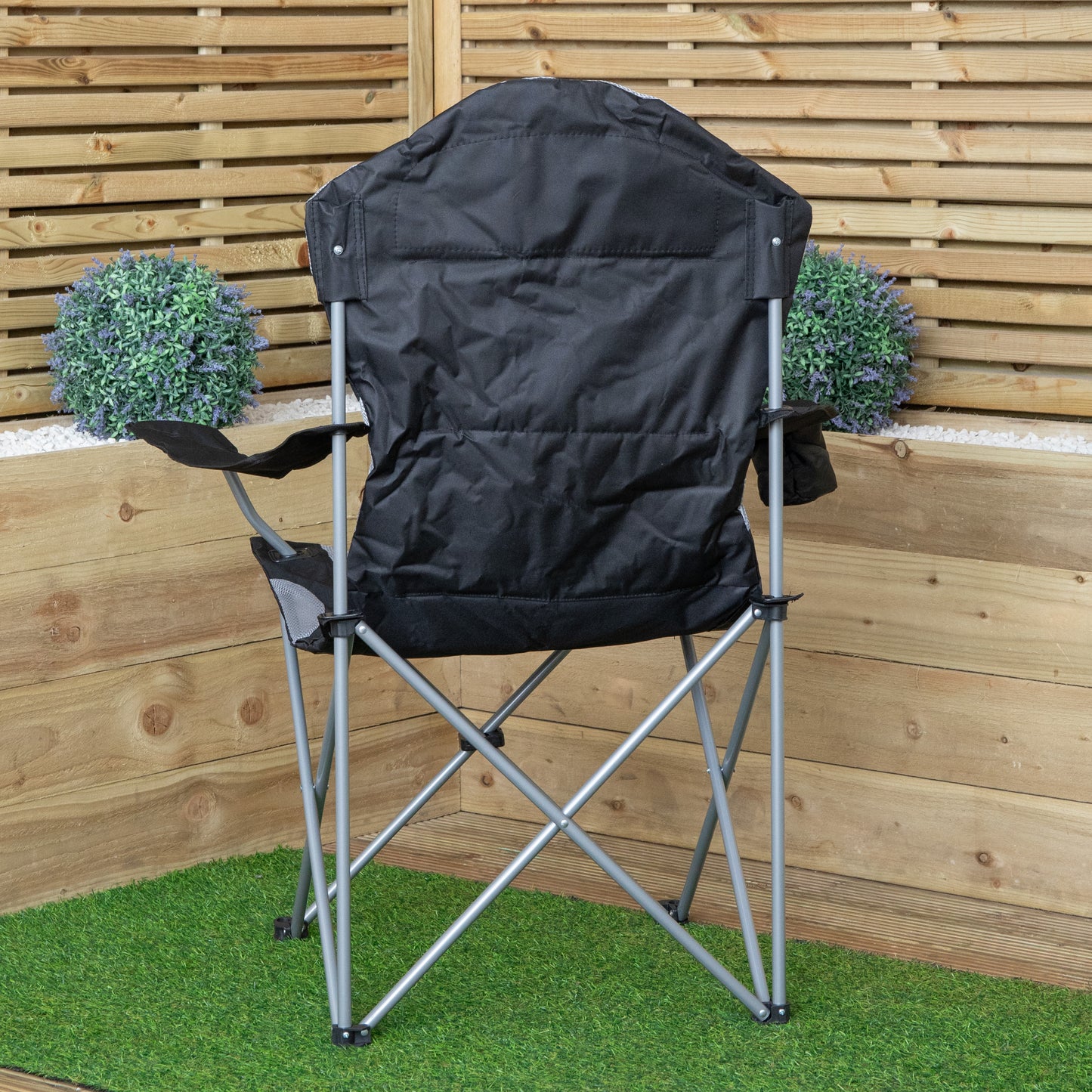 Luxury Padded High Back Outdoor Folding Chair with Cupholder in Black